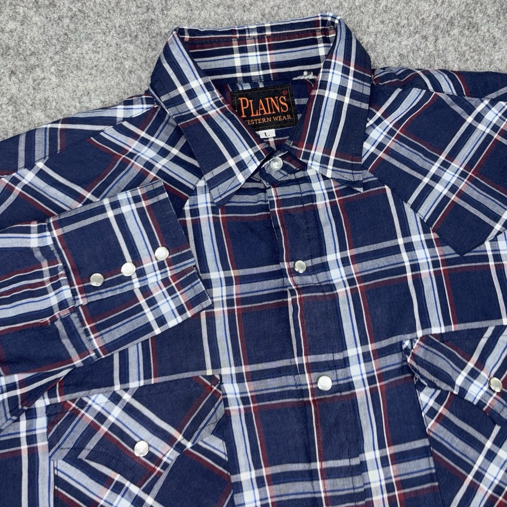 Plains Western Wear Shirt Mens Large Blue Plaid Pearl Snap Cowboy Button Down